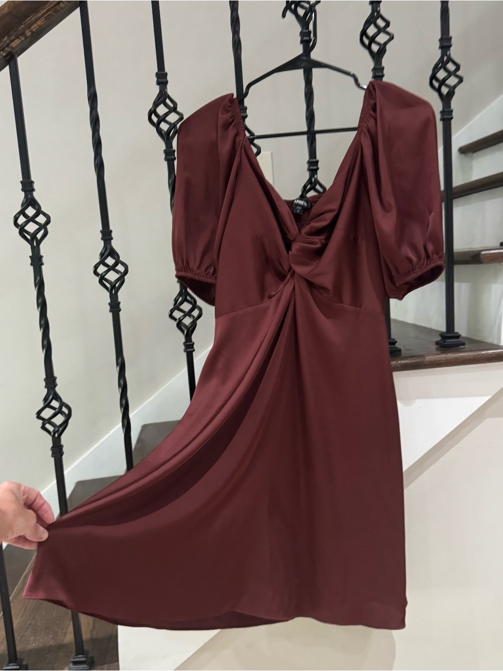 Express | Dresses | Express Satin Vneck Puff Sleeve Twist Front Mini Fit Flare Dress Burgundy